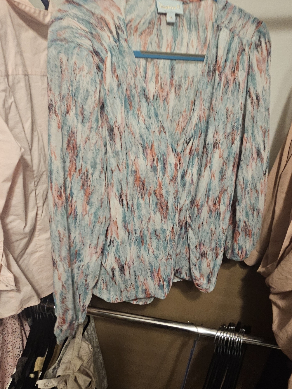 Veronica M Light Blue, Ivory & Coral Abstract Print Blouse